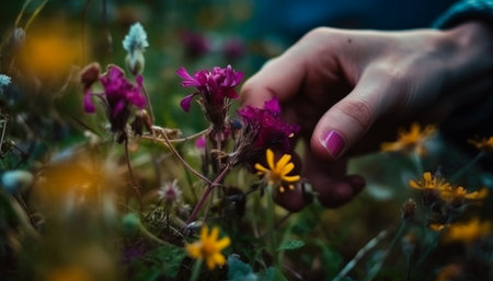 holding yellow daisy in meadow generated by artificial intelligenceの素材