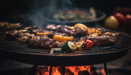 Grilled meat on skewer, fresh summer lunch generated by artificial intelligenceの素材