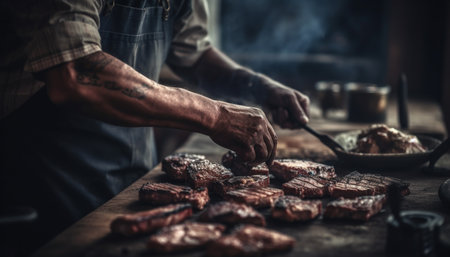 Grilled meat high school by man on barbecue generated by artificial intelligenceの素材