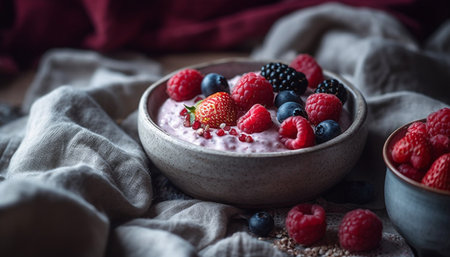 Fresh berry yogurt bowl with granola topping generated by artificial intelligenceの素材