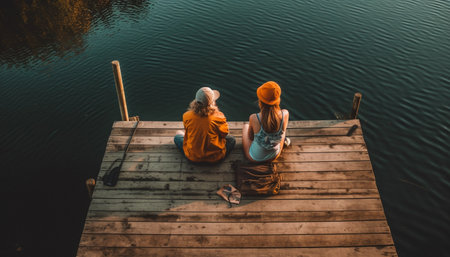 Young couple sitting on jetty enjoying sunset generated by artificial intelligenceの素材