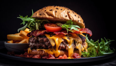 Grilled gourmet cheeseburger with French fries meal generated by artificial intelligenceの素材