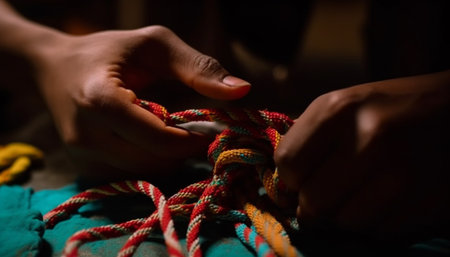 Hand tied knot, rock climbing, teamwork, determination generated by artificial intelligenceの素材