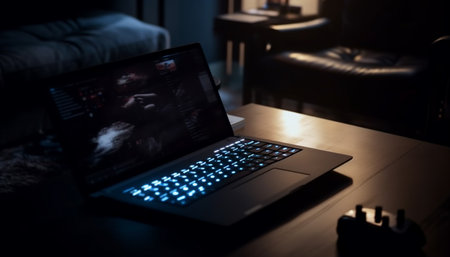 Working late on laptop, illuminated by lamp generated by artificial intelligenceの素材