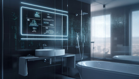 Futuristic bathroom with glowing lighting generated by artificial intelligenceの素材