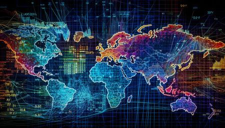 Global communication technology illuminates the world map generated by artificial intelligenceの素材