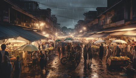 Walking in the rain, city life illuminated generated by artificial intelligenceの素材