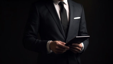 Confident businessman holding touchpad, achieving global success generated by artificial intelligenceの素材