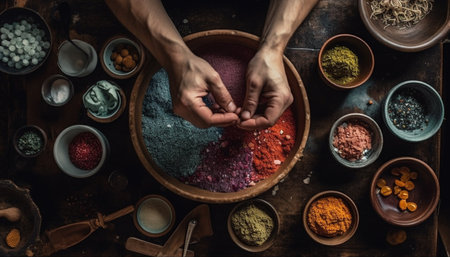 Indian spices in handmade pottery on rustic table generated by artificial intelligenceの素材