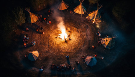 Campfire heat brings joy to group of friends generated by artificial intelligenceの素材