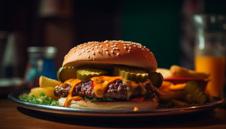 Grilled cheeseburger and fries, a classic American meal generated by artificial intelligenceの素材
