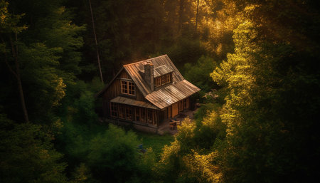Weather log cabin in tranquil mountain meadow generated by artificial intelligenceの素材
