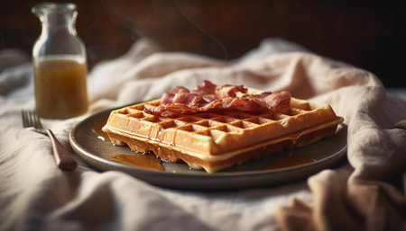 Freshly baked Belgian waffle stack with fruit generated by artificial intelligenceの素材
