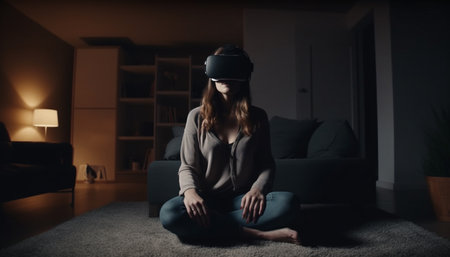 Young woman enjoying virtual reality game alone generated by artificial intelligenceの素材
