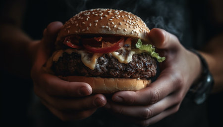 Hand holding grilled cheeseburger with tomato and onion generated by artificial intelligenceの素材