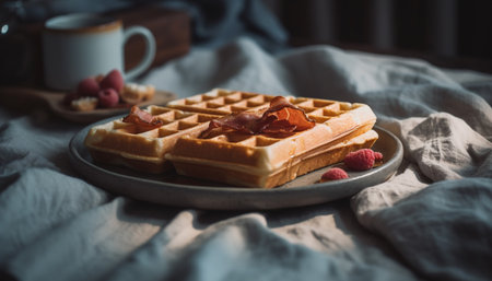 Stack of Belgian waffles with raspberry and chocolate generated by artificial intelligenceの素材