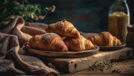 Freshly baked French pastries on rustic table generated by artificial intelligenceの素材