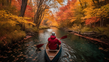 Young adults paddling canoe, enjoying autumn outdoors generated by artificial intelligenceの素材