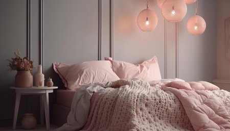Cozy modern bedroom with elegant pink decor generated by artificial intelligenceの素材