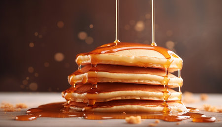 Stack of homemade pancakes with chocolate syrup generated by artificial intelligenceの素材