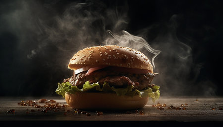 Grilled cheeseburger on sesame bun, ready to eat generated by artificial intelligenceの素材