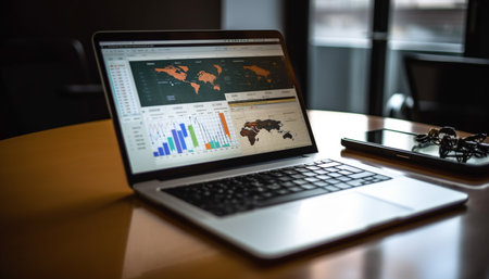 Modern businessman working on laptop, analyzing data generated by artificial intelligenceの素材
