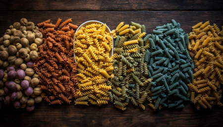 Healthy Italian pasta collection on rustic wood table generated by artificial intelligenceの素材