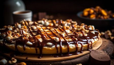 Homemade chocolate pie on rustic wooden table generated by artificial intelligenceの素材