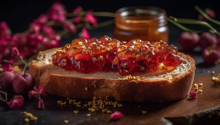 Rustic homemade dessert berry slice on ciabatta plate generated by artificial intelligenceの素材