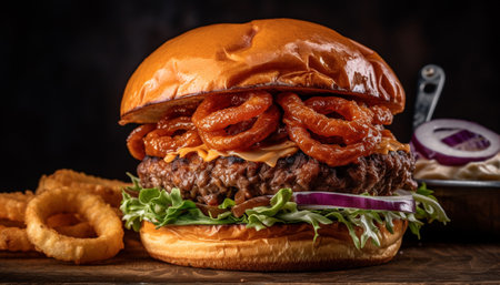 Grilled cheeseburger on rustic wood table generated by artificial intelligenceの素材