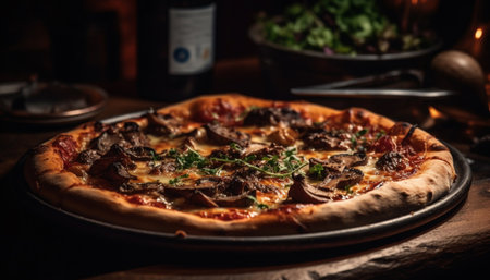 Freshly baked pizza on rustic wooden table generated by artificial intelligenceの素材