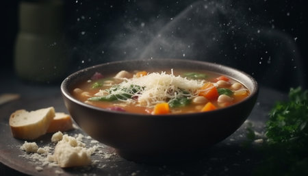 Healthy vegetable soup, a gourmet homemade meal generated by artificial intelligenceの素材