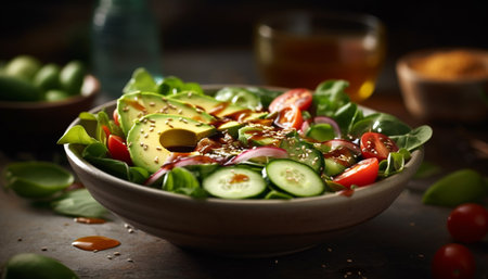 Fresh gourmet salad bowl with organic ingredients generated by artificial intelligenceの素材