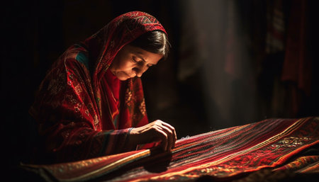 Young adult sitting, working on textiles generated by artificial intelligenceの素材