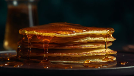 Stack of homemade pancakes with syrup pouring generated by artificial intelligenceの素材