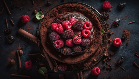 Fresh berry dessert on rustic wooden table generated by artificial intelligenceの素材