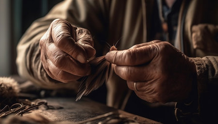 Craftsman hand skillfully repairs leather shoe generated by artificial intelligenceの素材