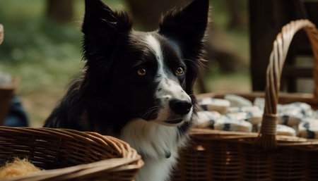 Cute puppy sitting in basket, outdoors, smiling generated by artificial intelligenceの素材