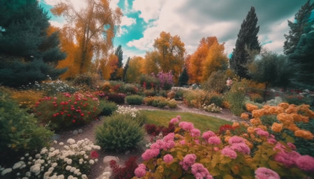 Tranquil scene of autumn forest footpath growth generated by artificial intelligenceの素材