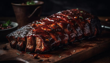 Grilled meat on rustic cutting board plate generated by artificial intelligenceの素材
