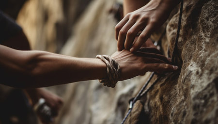 Team of climbers conquering mountain with determination generated by artificial intelligenceの素材