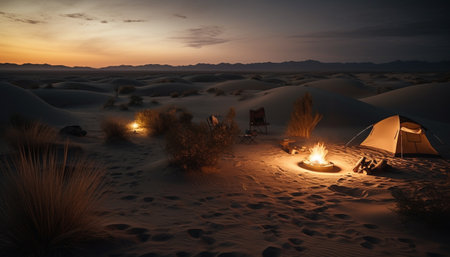 Sun on tranquil sand dune landscape generated by artificial intelligenceの素材