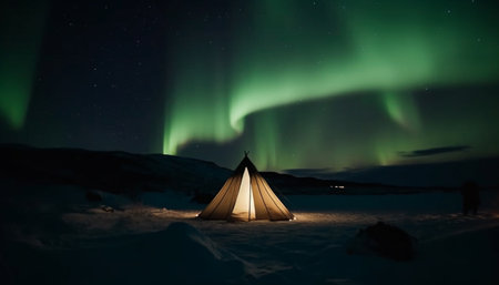 Illuminated arctic landscape glows with starry beauty generated by artificial intelligenceの素材