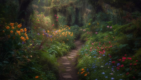Wildflowers bloom in tranquil forest meadow scene generated by artificial intelligenceの素材