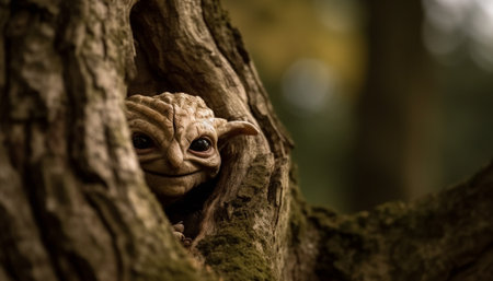 Cute primate hiding on tree trunk branch generated by artificial intelligenceの素材