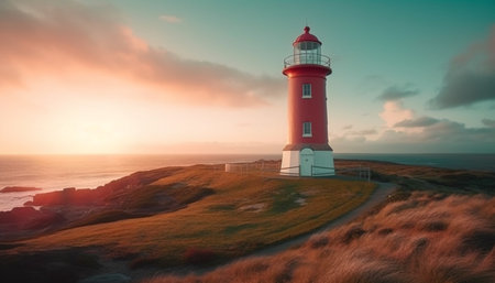 Tranquil Asturias coastline illuminated by sunset reflection generated by artificial intelligenceの素材