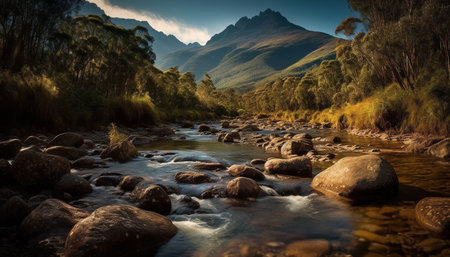 Majestic mountain range reflects tranquil sunset beauty generated by artificial intelligenceの素材