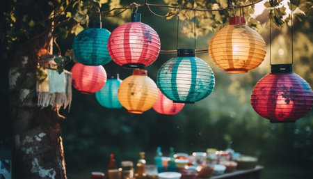 Multi colored paper lanterns illuminate traditional Chinese celebration generated by artificial intelligenceの素材