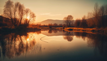 Tranquil scene orange sunset over mountain range generated by artificial intelligenceの素材