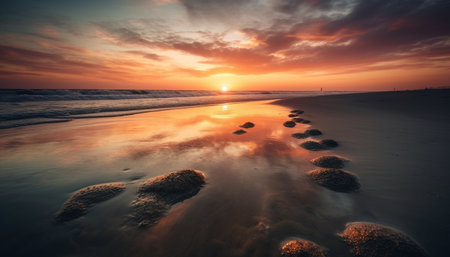 Tranquil sunset over rocky waters, nature beauty generated by artificial intelligenceの素材